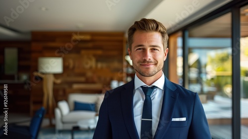 Confident Businessman in Modern Office Setting with Stylish Suit and Approachable Smile