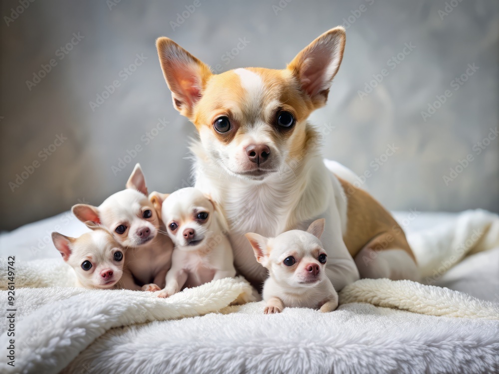 Adorable Chihuahua lies on a soft towel, surrounded by newborn puppies, as a gentle hand assists in the birthing process, capturing a heartwarming moment. Adorable Chihuahua lies on a soft towel, surrounded by newborn puppies, as a gentle hand assists in the birthing process, capturing a heartwarming moment.