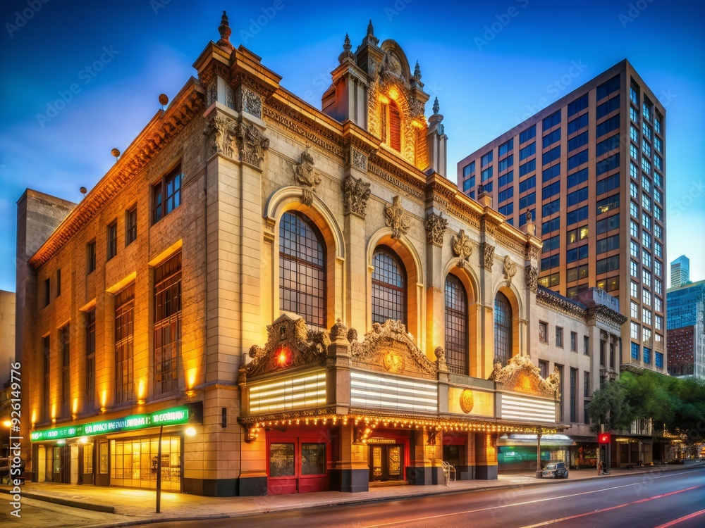 Fototapeta premium Historic Art Deco-style theater stands tall in Downtown Los Angeles' Broadway Theater District, its vintage neon sign and ornate facade a nostalgic nod to the city's rich past.