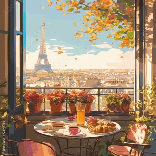 Parisian Balcony with Eiffel Tower View Illustration Generated with Ai