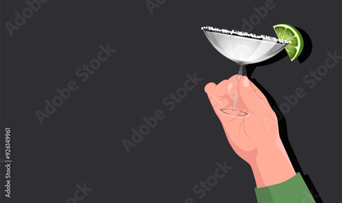 A hand holding a cocktail glass with a salted rim and lime garnish. Dark background. Concept of beverages and social gatherings. Vector illustration