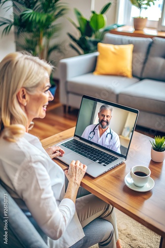 Woman using laptop and having video call with her doctor while sitting at home.