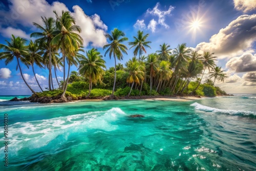 Turquoise ocean waves gently lap against the sun-kissed shores of a remote island, surrounded by vibrant green palm trees and sweltering tropical heat.