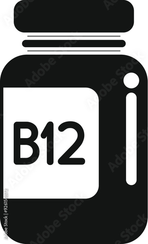 Simple black icon of a supplement bottle with a white label showing vitamin b12