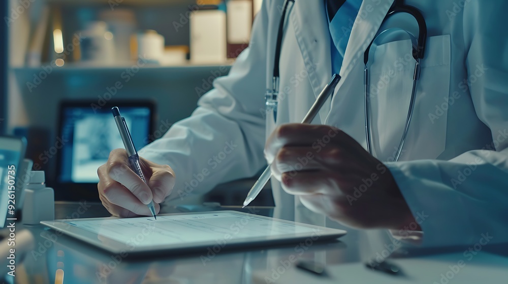 Obraz premium Close-up of a doctor's hand signing a digital document on a tablet.