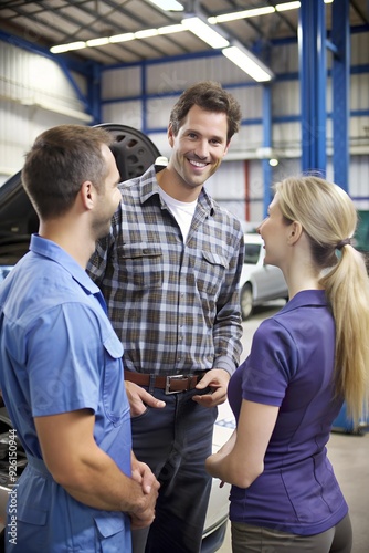 Auto mechanic talking to a couple at repair shop.