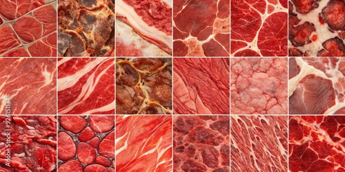 High-resolution processed collage of fresh raw beef surface texture, featuring intricate marble patterns and rich red hues, ideal for banners, backdrops, or 3D mapping textures.