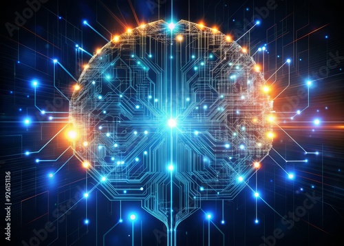 Global network of glowing circuit lines connects to a futuristic AI brain, generating code through a command prompt, symbolizing the digital revolution in technology.