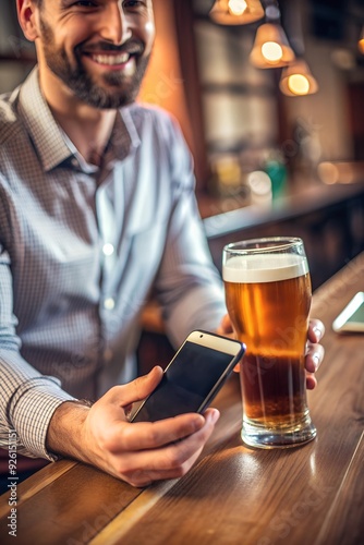 Close up of man paying with mobile phone in pub.