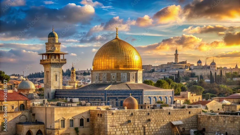 Obraz premium Majestic golden dome of Islamic shrine rises above Jerusalem's Old City, surrounded by ancient stones and ornate cravings, near Western Wall on Temple Mount.