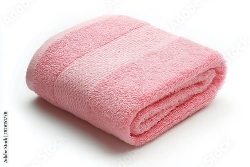 A pink towel with a striped pattern, neatly folded, isolated on a white background, highlighting its plush and soft texture, perfect for bathroom or spa settings, selected focus

