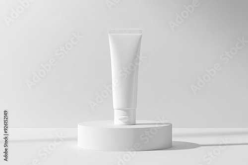 White tube mockup on pedestal on white isolated background. Concept of beauty products, face and body skin care. Image for your design with generative ai