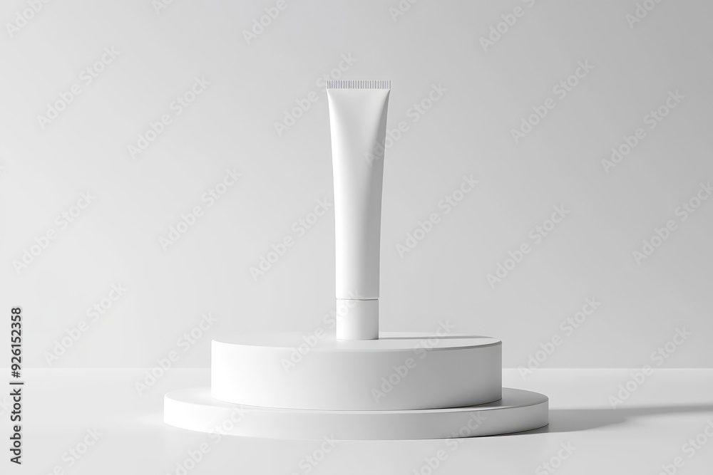 White tube mockup on pedestal on white isolated background. Concept of beauty products, face and body skin care. Image for your design with generative ai White tube mockup on pedestal on white isolated background. Concept of beauty products, face and body skin care. Image for your design with generative ai