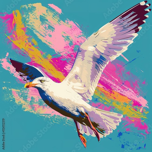 Lovely illustration of a seagull with a colorful background photo