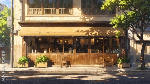 Anime Style of Tranquil Japanese Aesthetic Coffee Shop: Serene Morning Scene with Greenery and Soft Lantern Light