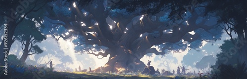 Enchanting Anime-Style Majestic Enigma: A Magical Tree in a Hauntingly Beautiful Forest, Realistic Cartoon Style Scenery Perfect for Gaming Art and Storybook Illustrations in 4K photo