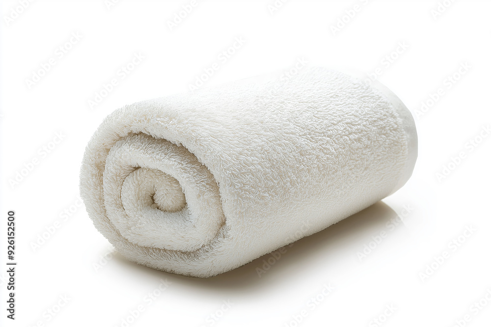 A soft white towel neatly rolled, isolated on a white background, showcasing its plush and fluffy texture, perfect for bathroom or spa use, selected focus

