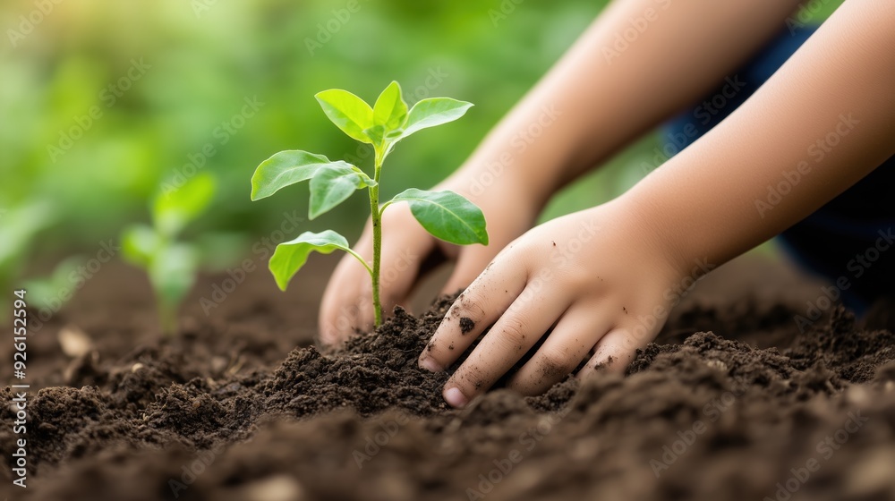 Tender hands of a child planting a young seedling, signifying hope, growth, and environmental responsibility. Great for use in environmental campaigns or educational materials. Tender hands of a child planting a young seedling, signifying hope, growth, and environmental responsibility. Great for use in environmental campaigns or educational materials.