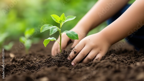 Tender hands of a child planting a young seedling, signifying hope, growth, and environmental responsibility. Great for use in environmental campaigns or educational materials.