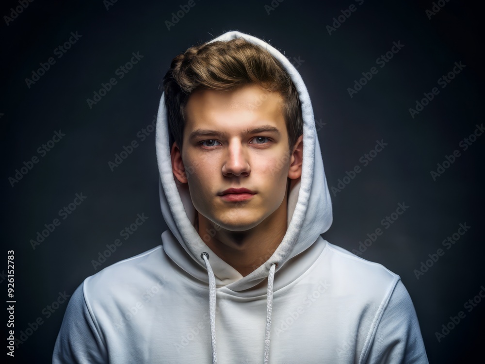 Isolated studio portrait of a young adult wearing a crisp white hoodie and black backdrop, exuding confidence and casual elegance in a minimalist setting. Isolated studio portrait of a young adult wearing a crisp white hoodie and black backdrop, exuding confidence and casual elegance in a minimalist setting.