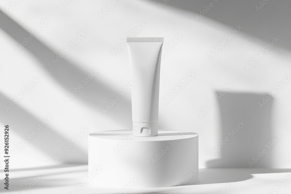 White tube mockup on pedestal on white isolated background. Concept of beauty products, face and body skin care. Image for your design with generative ai White tube mockup on pedestal on white isolated background. Concept of beauty products, face and body skin care. Image for your design with generative ai