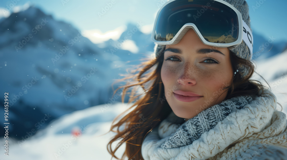 Low Angle Shot of Smiling Woman in Winter Sportswear Against Snowy Mountain Landscape Low Angle Shot of Smiling Woman in Winter Sportswear Against Snowy Mountain Landscape