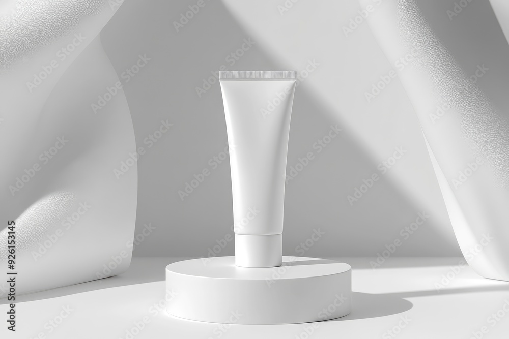 White tube mockup on pedestal on white isolated background. Concept of beauty products, face and body skin care. Image for your design with generative ai White tube mockup on pedestal on white isolated background. Concept of beauty products, face and body skin care. Image for your design with generative ai