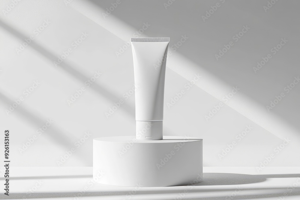 White tube mockup on pedestal on white isolated background. Concept of beauty products, face and body skin care. Image for your design with generative ai White tube mockup on pedestal on white isolated background. Concept of beauty products, face and body skin care. Image for your design with generative ai