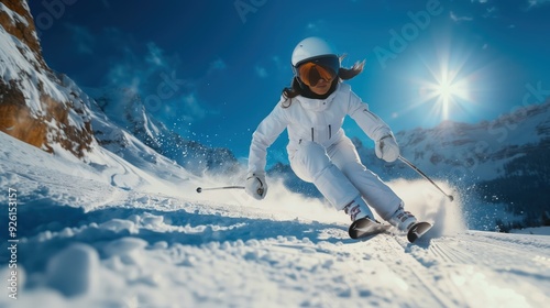 Dynamic Action Shot of Female Skier Carving Down Snowy Mountain on a Sunny Day in Full Ski Gear