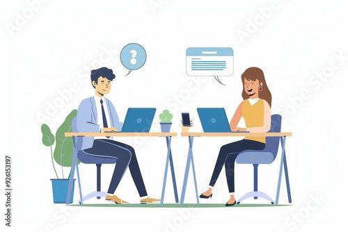a man and woman sitting at a table with laptops