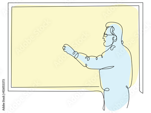 A person is presenting and gesturing towards a large blank board in a classroom filled with natural light.