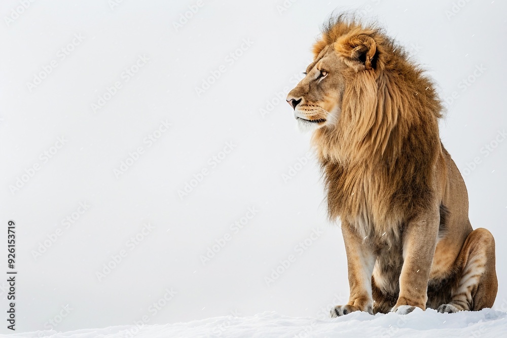 Obraz premium a lion sitting on top of a snow covered hill