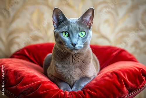 Majestic, ash-grey coated Korat cat with piercing green eyes and heart-shaped face, originating from Thailand's northern regions, sitting regally on a satin cushion. photo