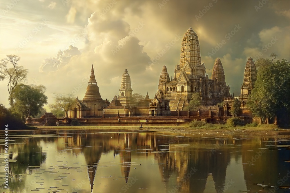 Obraz premium A majestic image of an ancient temple reflected in a serene body of water, surrounded by lush greenery. The tranquil scene is perfect for travel guides, historical content, or cultural studies.
