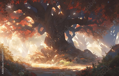 Enchanting Anime-Style Majestic Enigma: A Magical Tree in a Hauntingly Beautiful Forest, Realistic Cartoon Style Scenery Perfect for Gaming Art and Storybook Illustrations in 4K photo