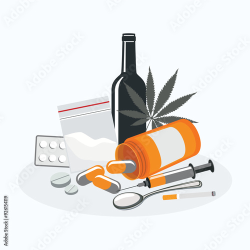 Drugs, pills, alcohol, marijuana abuse vector illustration. Hard drugs, pills, injection syringe, spoon, drug plastic bag, bottle of alcohol, cigarette icon set vector. Drug addiction symbol