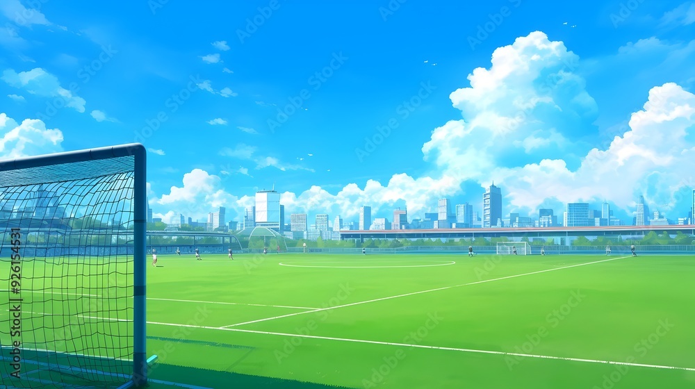 Fototapeta premium Soccer Stadium Field With Cityscape Background In Sunny Day