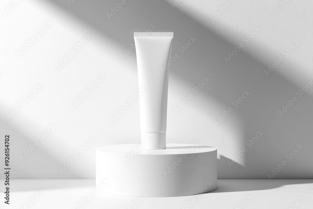 White tube mockup on pedestal on white isolated background. Concept of beauty products, face and body skin care. Image for your design with generative ai White tube mockup on pedestal on white isolated background. Concept of beauty products, face and body skin care. Image for your design with generative ai