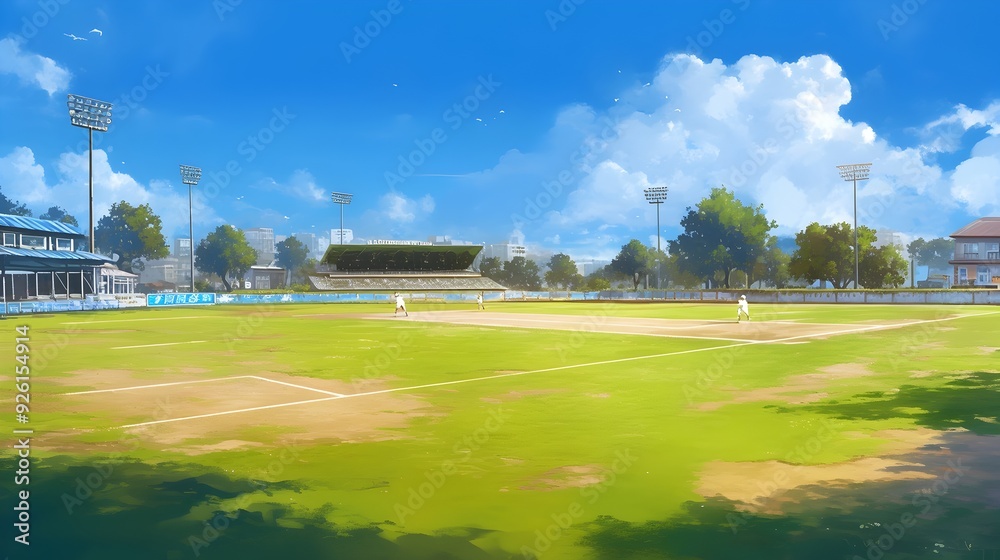 Expansive Cricket Pitch and Stadium Under Bright Sunny Skies Expansive Cricket Pitch and Stadium Under Bright Sunny Skies