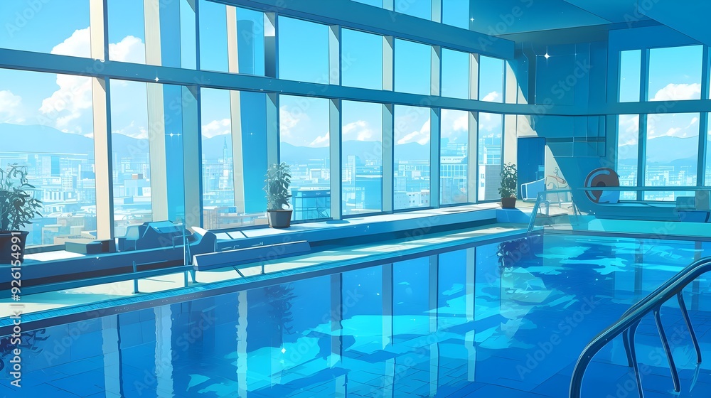 Luminous Indoor Swimming Pool with Captivating City Skyline View Luminous Indoor Swimming Pool with Captivating City Skyline View