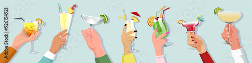 Image of multiple hands holding different cocktails with colorful garnishes against a light blue background. Concept of socializing, celebration, and variety of drinks. Vector illustration