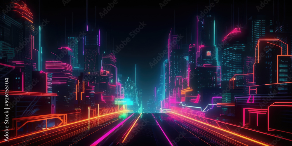 Neon City Street with Futuristic Architecture and Cyberpunk Signs Creating a Glowing Skyline in Vibrant Colors. Traffic in the City, Abstract Background Neon City Street with Futuristic Architecture and Cyberpunk Signs Creating a Glowing Skyline in Vibrant Colors. Traffic in the City, Abstract Background
