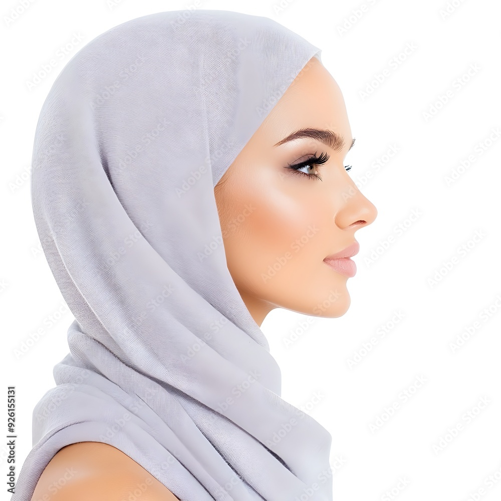 Side Profile Portrait of Elegant Arab Woman Wearing Headscarf on White Background Side Profile Portrait of Elegant Arab Woman Wearing Headscarf on White Background