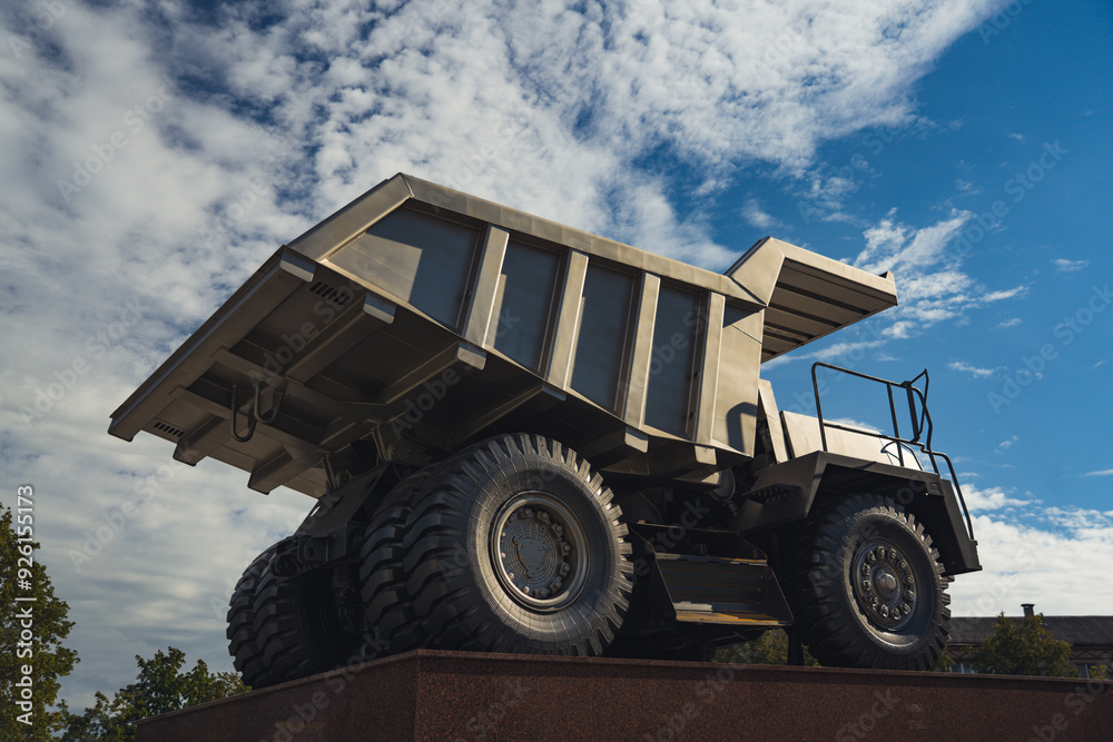 A statue of a huge, quarry dump truck in the city A statue of a huge, quarry dump truck in the city
