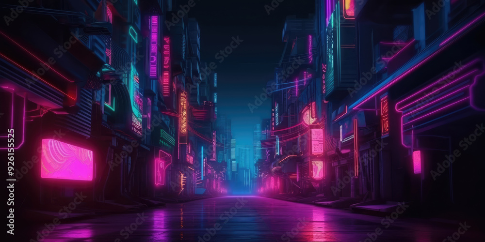 Fototapeta premium Futuristic Neon City with Glowing Neon Signs and Vibrant Streets with Neon Lights at Night