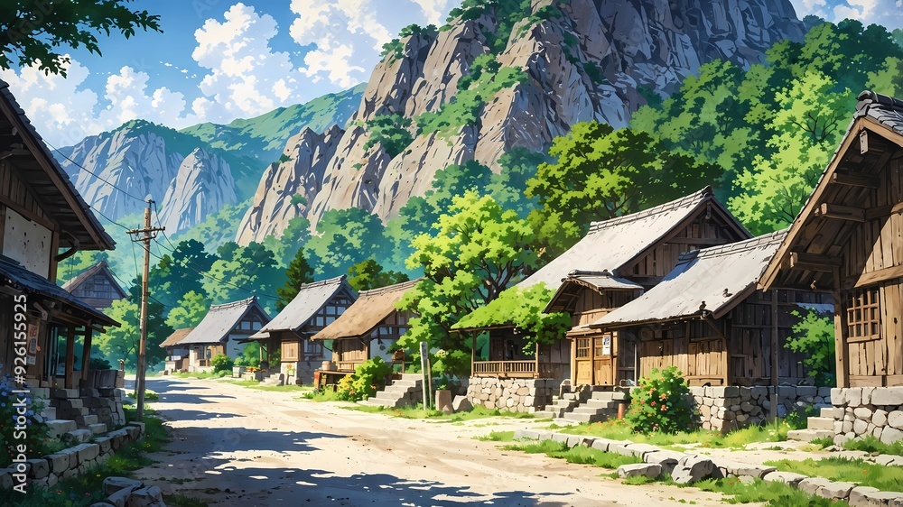 Majestic Tranquil Village: Rustic Charm at the Foot of a Mountain in Stunning Watercolor with Anime Style Majestic Tranquil Village: Rustic Charm at the Foot of a Mountain in Stunning Watercolor with Anime Style
