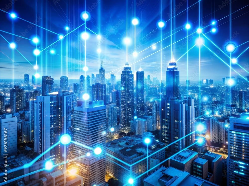 Obraz premium Vibrant blue futuristic pattern with glowing circuits and wires overlays a blurred cityscape, blending technology and urban landscape in a mesmerizing double exposure effect.