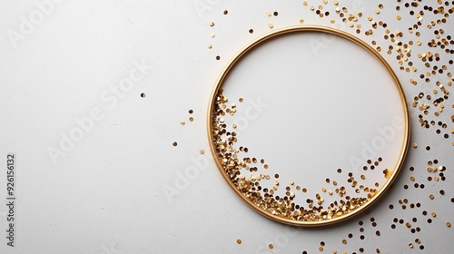 Abstract gold circle frame with sparkling confetti, isolated on light background, perfect for elegant event invitations or festive announcements