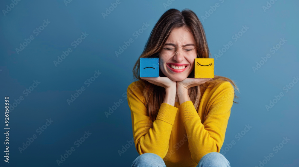 Young woman holding blue and yellow blocks with sad and happy faces, expressing mixed emotions and mood swings on a blue background. Young woman holding blue and yellow blocks with sad and happy faces, expressing mixed emotions and mood swings on a blue background.