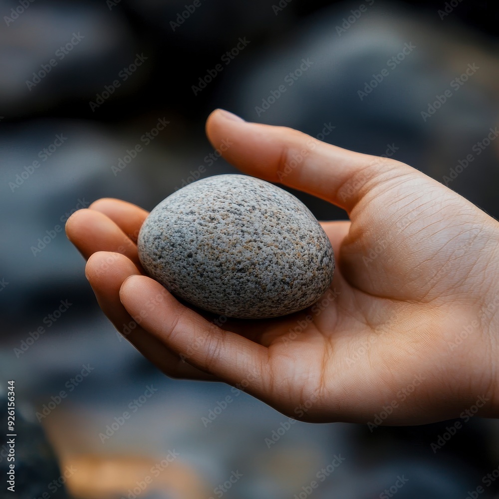 A hand gently cradles a smooth, gray river rock. The stone's texture and shape are highlighted against the blurred background of other rocks. A hand gently cradles a smooth, gray river rock. The stone's texture and shape are highlighted against the blurred background of other rocks.